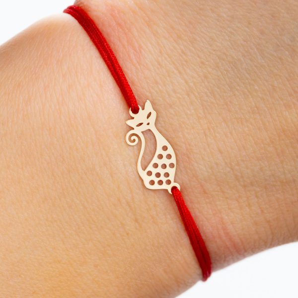 Bratara cu snur si Pandantiv Aur 14k Pisica Aristocrata