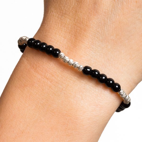 Brățară șnur cu bile din argint și onix rotund 4,5 mm – 20 bile de 3 mm